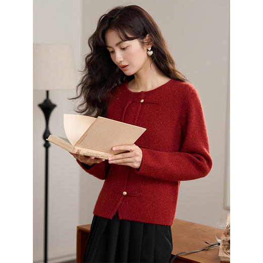 【年货节】熙世界新中式流苏盘扣针织外套短款小个子秋冬国风红色毛衣开衫 商品图2
