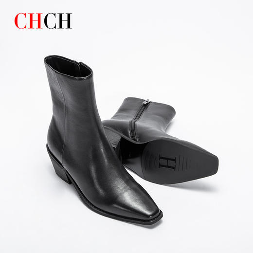 CHCH平衡鞋短靴秋冬新品油蜡羊皮拉链粗跟时尚女靴短靴CN2B7011 商品图3