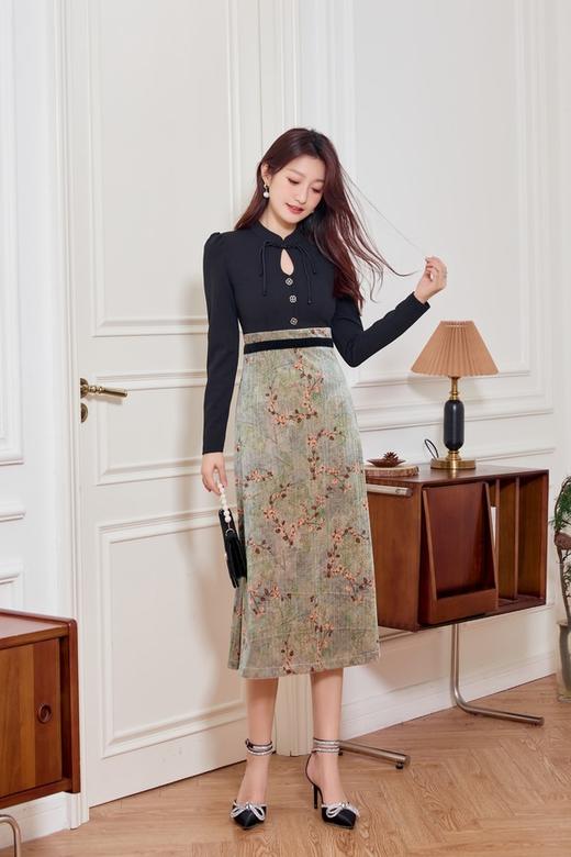 Le Malene 知性新中式水滴领拼接式连衣裙 19504 商品图1