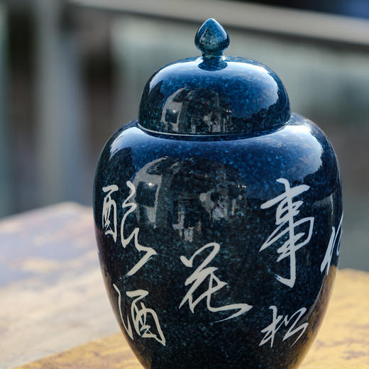洒蓝手书大号茶叶罐摆件将军罐 商品图1