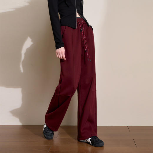 西遇长款阔腿裤女冬季新款假两件腰头设计绑绳装饰宽松长裤D0044001 商品图2
