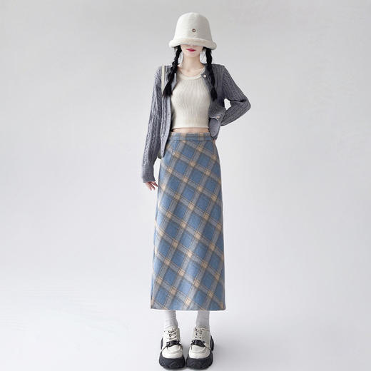 【毛呢格子复古半身裙】秋冬新款 高腰显瘦开叉包臀格纹中长款A字裙 商品图7