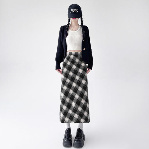 【毛呢格子复古半身裙】秋冬新款 高腰显瘦开叉包臀格纹中长款A字裙 商品图8