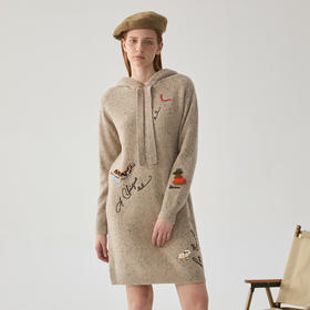 谜底针织连衣裙女2024冬季新品复古连帽羊毛混纺中长裙244MZ1899