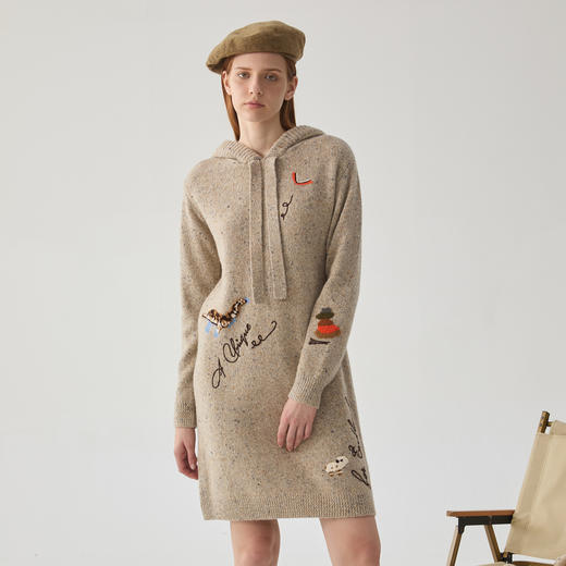 谜底针织连衣裙女2024冬季新品复古连帽羊毛混纺中长裙244MZ1899 商品图0