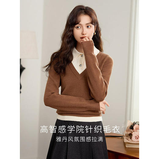 【年终特卖】熙世界学院风假两件针织毛衣秋冬新款撞色POLO领打底上衣 商品图2