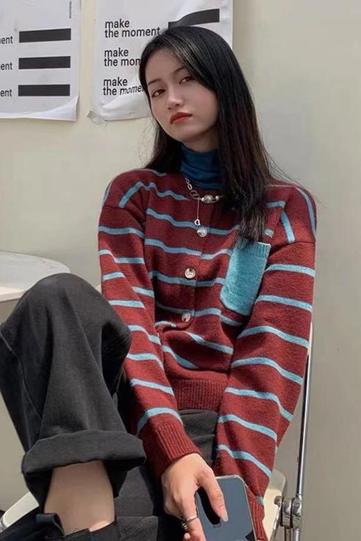 LNNNS 百搭条纹学院风圆领开衫外套 14498 商品图0