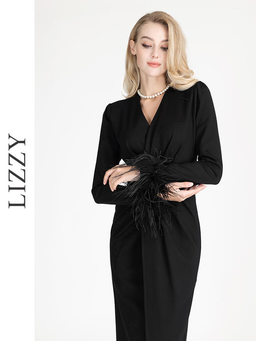 LIZZY早秋V领开叉宴会年会服时尚V领长款敬酒礼服优雅气质连衣裙7952 商品图1