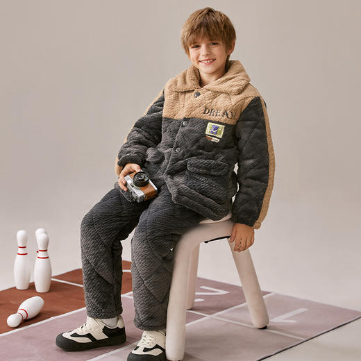 芬腾男童睡衣冬季珊瑚绒夹棉三层加厚套装儿童男孩加绒保暖家居服 商品图0