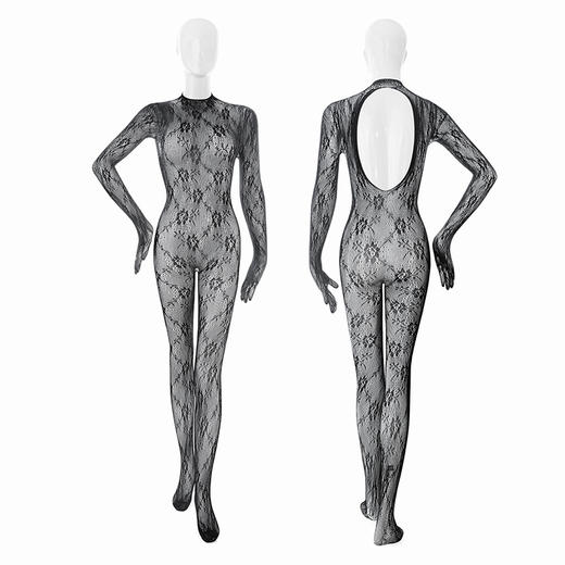 霏慕长袖覆指复古提花连身网袜7443 情趣丝袜透视诱惑调情内衣黑丝激情 玫瑰提花 商品图6