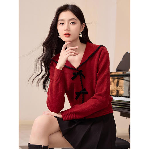 【年终特卖】熙世界撞色海军领红色毛衣设计感别致蝴蝶结针织衫秋冬款 商品图1