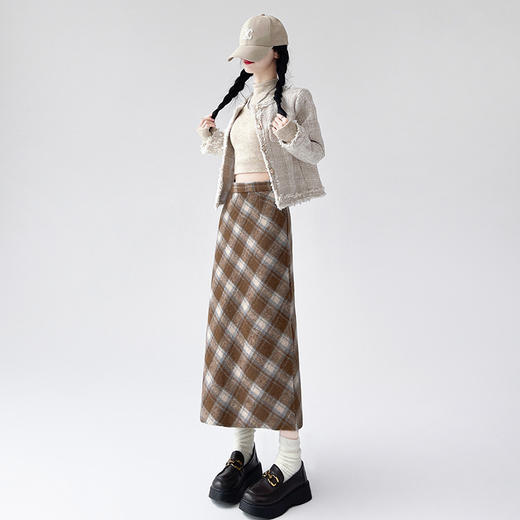 【毛呢格子复古半身裙】秋冬新款 高腰显瘦开叉包臀格纹中长款A字裙 商品图6