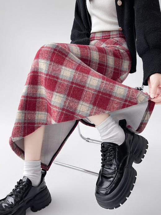 【毛呢格子复古半身裙】秋冬新款 高腰显瘦开叉包臀格纹中长款A字裙 商品图2
