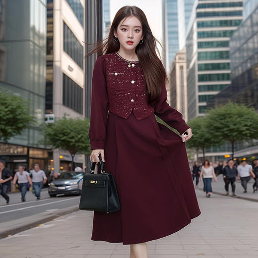 奢姿2024年秋季新款大码女装气质假两件裙子胖妹妹织带拼接连衣裙 商品图2