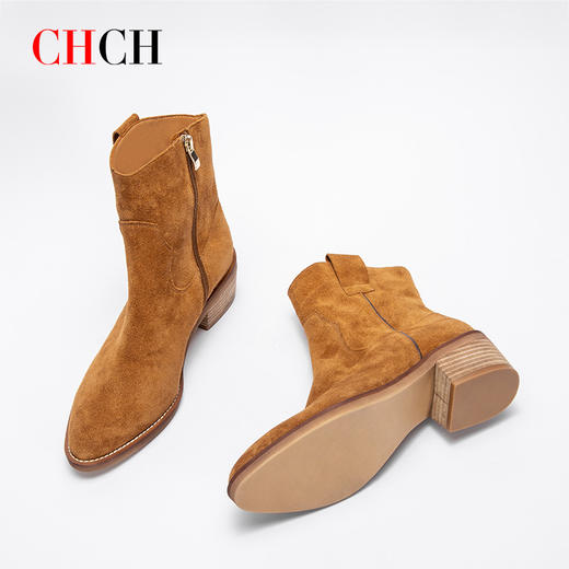 CHCH平衡鞋短靴秋冬新品牛皮反绒拉链粗跟时尚女靴短靴CN2B7021 商品图7