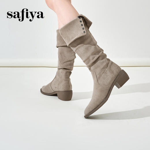 预售12天|Safiya/索菲娅2024秋冬绒面弹力遮肉显瘦尖头粗跟长筒西部靴 SF44117247 商品图4