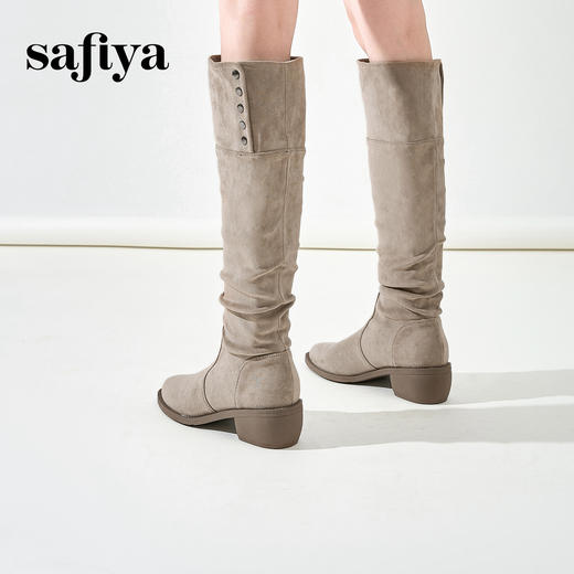 预售12天|Safiya/索菲娅2024秋冬绒面弹力遮肉显瘦尖头粗跟长筒西部靴 SF44117247 商品图5