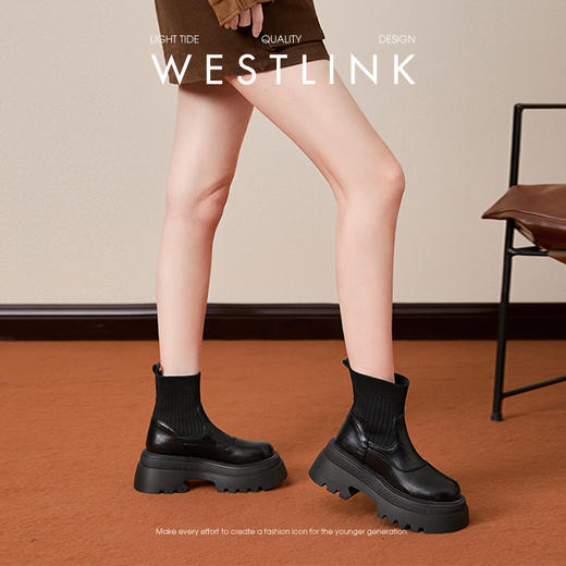 西遇瘦瘦靴短靴女小个子增高新款冬季加绒弹力靴圆头厚底袜靴D0047817 商品图3