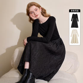 法式细闪银丝拼接针织连衣裙女优雅百搭打底圆领长裙V4343211