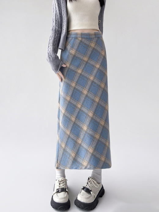 【毛呢格子复古半身裙】秋冬新款 高腰显瘦开叉包臀格纹中长款A字裙 商品图4