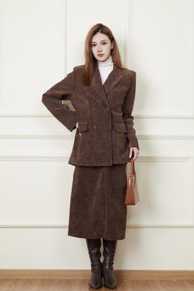 Le Malene 焦糖咖灯芯绒西装外套半裙套装 19323