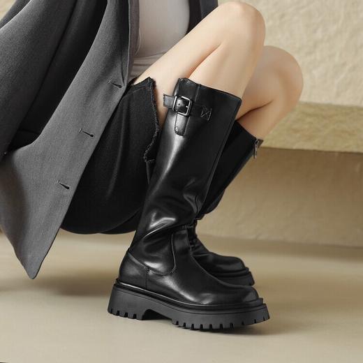 【预售7天】牛皮厚底西部骑士靴，皮带扣防水台加绒高筒长靴HB&Z975-1 商品图2