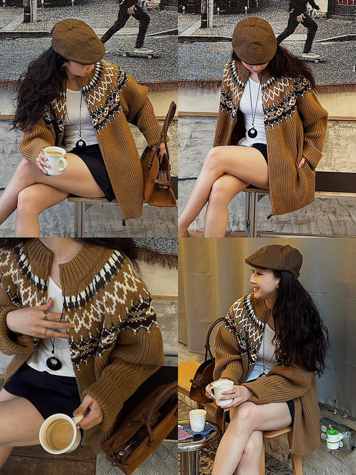 HIDEMI 澳洲进口美利奴羊毛手绘复古费尔岛提花多股粗砂纱加厚款毛衣大外套/针织毛线帽套装 卡其色\灰色 商品图3