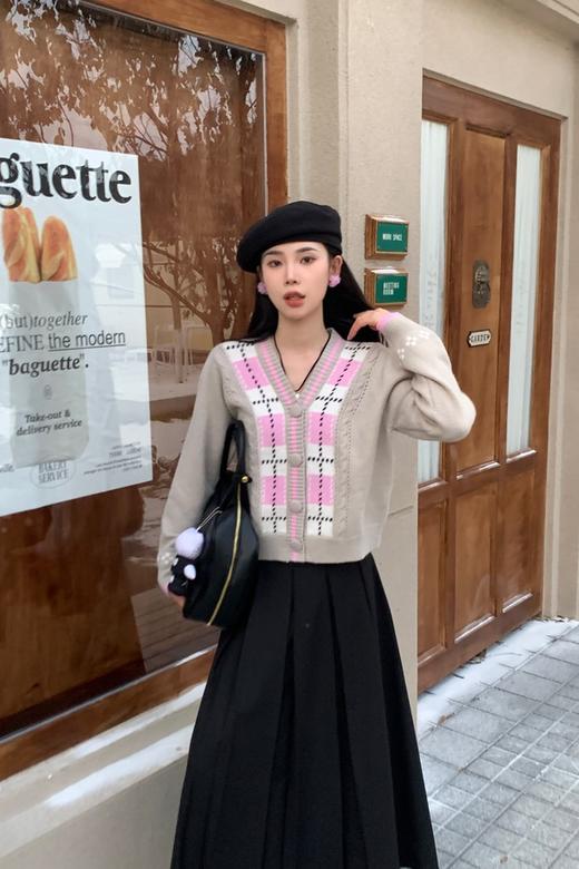 Stay2Weeks 灰色撞色粉格纹针织开衫 19318 商品图1