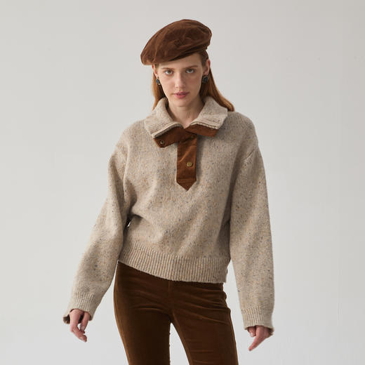 谜底套头针织衫女2024冬季新品百搭拼接式羊毛混纺毛衣244MZ1946 商品图1