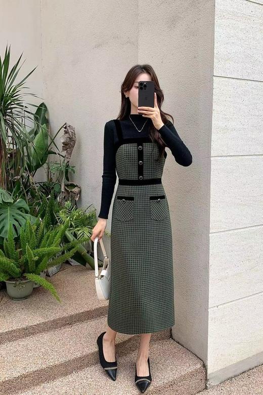 Le Malene 黑色吊带千鸟格连衣裙套装 19301 商品图2