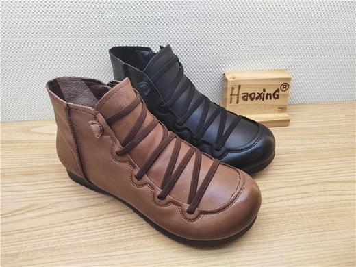 2023豪行秋冬新款23492308牛皮低跟复古休闲女靴单靴短靴 商品图0