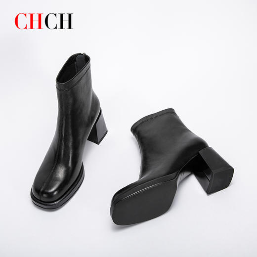 CHCH平衡鞋短靴2024秋冬新品羊皮拉链粗跟时尚女靴CN2B6151 商品图3