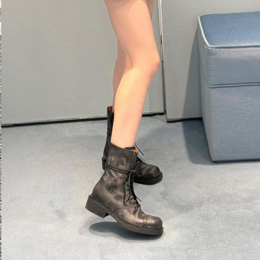 【顺丰包邮】21844 洛诗琳高奢做旧感牛皮系带牛皮马丁靴女8033 商品图2