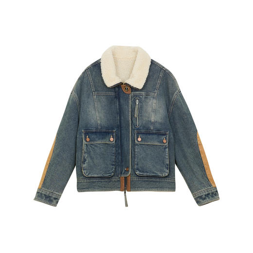 谜底加厚牛仔外套女2024冬款复古机车风毛毛拼接夹克244MW1682 商品图4