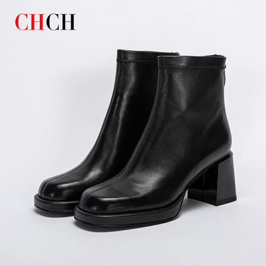 CHCH平衡鞋短靴2024秋冬新品羊皮拉链粗跟时尚女靴CN2B6151 商品图0