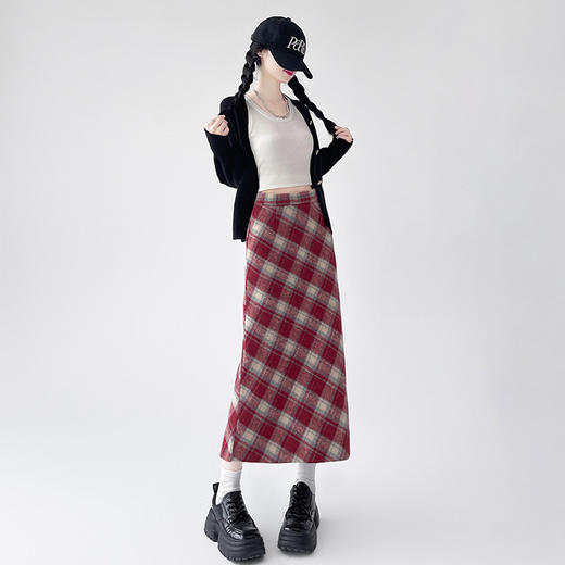 【毛呢格子复古半身裙】秋冬新款 高腰显瘦开叉包臀格纹中长款A字裙 商品图5