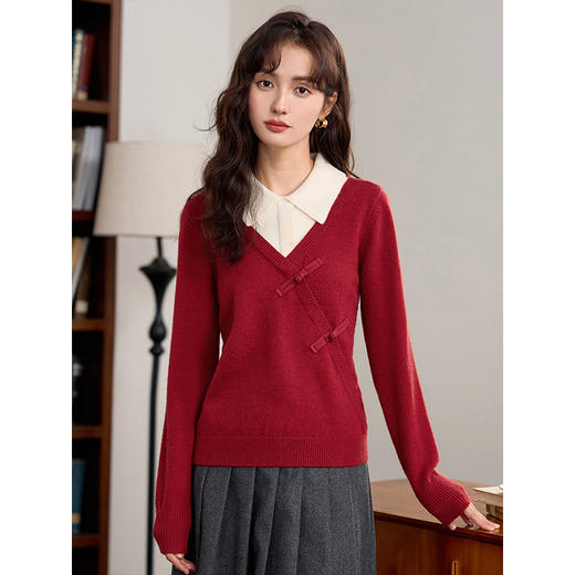 【年终特卖】熙世界新中式盘扣假两件针织打底衫秋冬款POLO领红色毛衣 商品图1