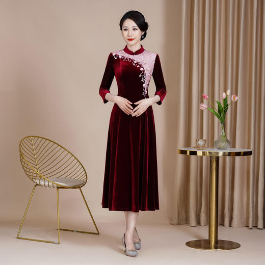 韩国绒时尚旗袍，大摆长款连衣裙HYX-24-7858 商品图1