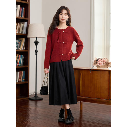 【年货节】熙世界新中式流苏盘扣针织外套短款小个子秋冬国风红色毛衣开衫 商品图4