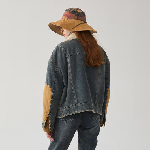 谜底加厚牛仔外套女2024冬款复古机车风毛毛拼接夹克244MW1682 商品图2