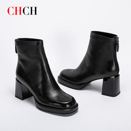 CHCH平衡鞋短靴2024秋冬新品羊皮拉链粗跟时尚女靴CN2B6151 商品图2