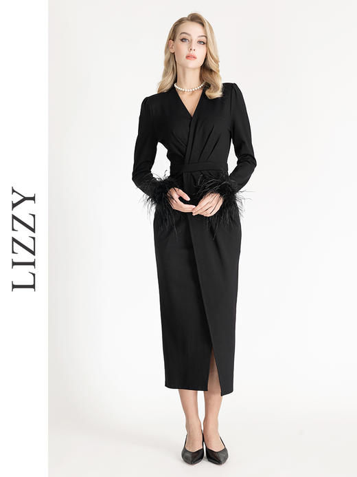 LIZZY早秋V领开叉宴会年会服时尚V领长款敬酒礼服优雅气质连衣裙7952 商品图2