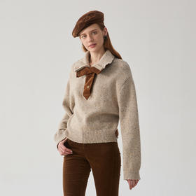 谜底套头针织衫女2024冬季新品百搭拼接式羊毛混纺毛衣244MZ1946