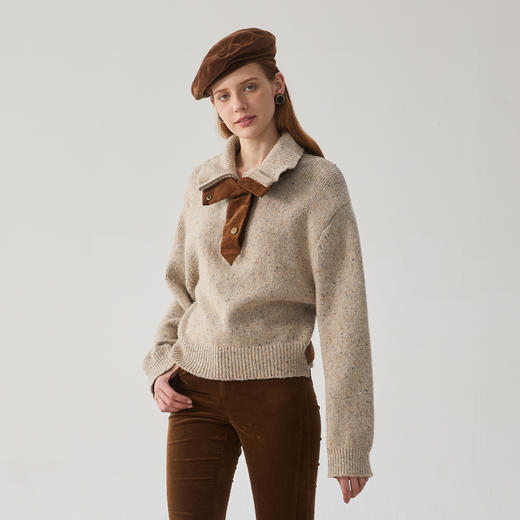 谜底套头针织衫女2024冬季新品百搭拼接式羊毛混纺毛衣244MZ1946 商品图0