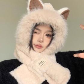 阿狸耳朵帽子围巾一体帽女冬季毛绒毛茸茸动物围脖防风保暖两件套