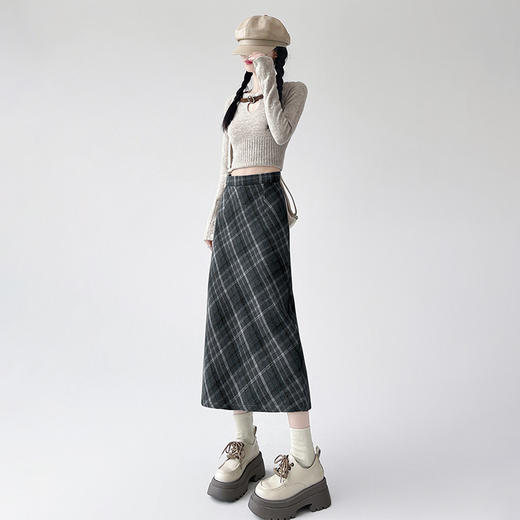【毛呢格子复古半身裙】秋冬新款 高腰显瘦开叉包臀格纹中长款A字裙 商品图10