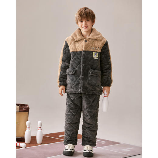 芬腾男童睡衣冬季珊瑚绒夹棉三层加厚套装儿童男孩加绒保暖家居服 商品图4