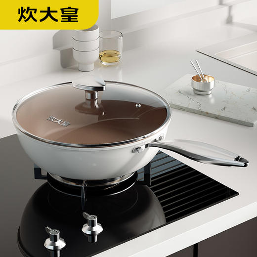 🎁炊大皇白玉陶瓷炒锅    精铁+内外陶瓷釉、锅盖/钢化玻璃、锅柄锅钉珠/铸钢   燃气灶、电磁炉、电陶炉适用 商品图5