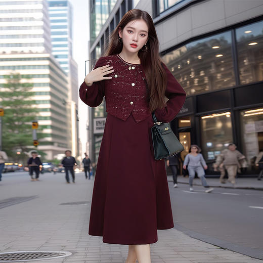 奢姿2024年秋季新款大码女装气质假两件裙子胖妹妹织带拼接连衣裙 商品图0