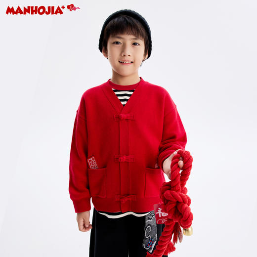 【shé来运转】漫画家24新中式国风盘V领羊毛混纺毛衣开衫拜年服 商品图1